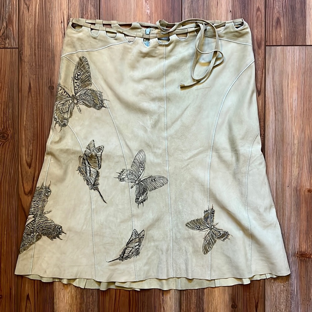 Roberto Cavalli Soft Sage Green Suede Butterfly Skirt A-Line Size S